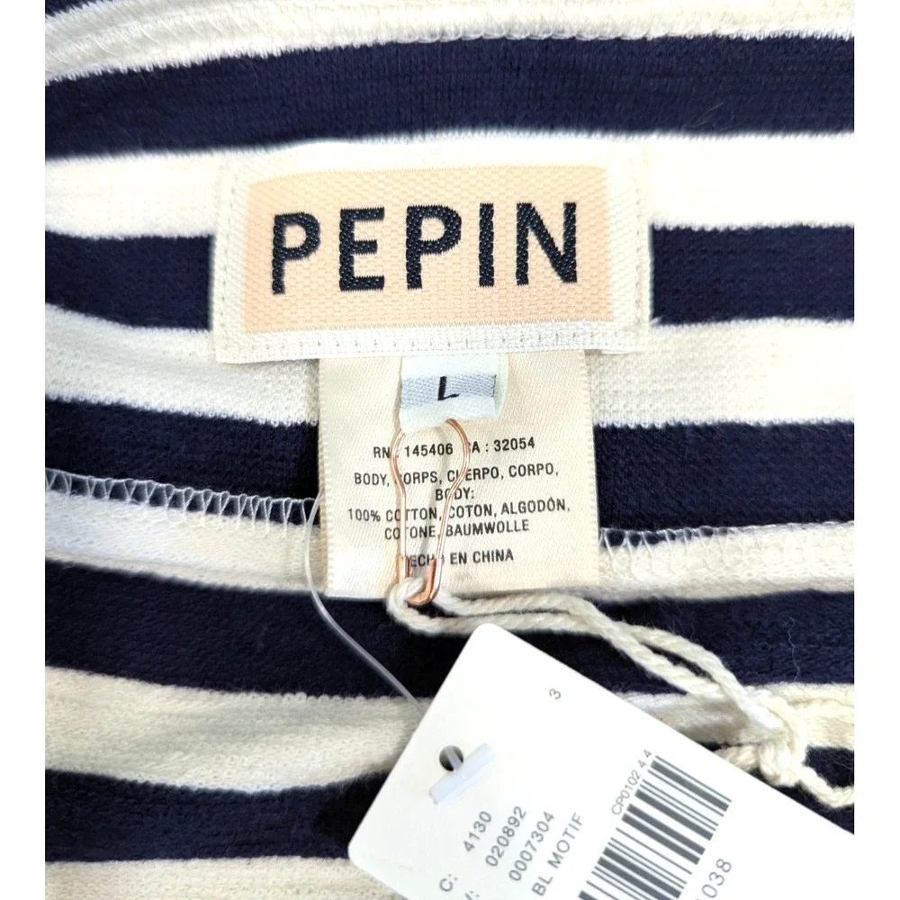 Anthropologie Pepin Nautical Stripe Cotton Tunic Dress Size L Crochet‎ Trim Navy